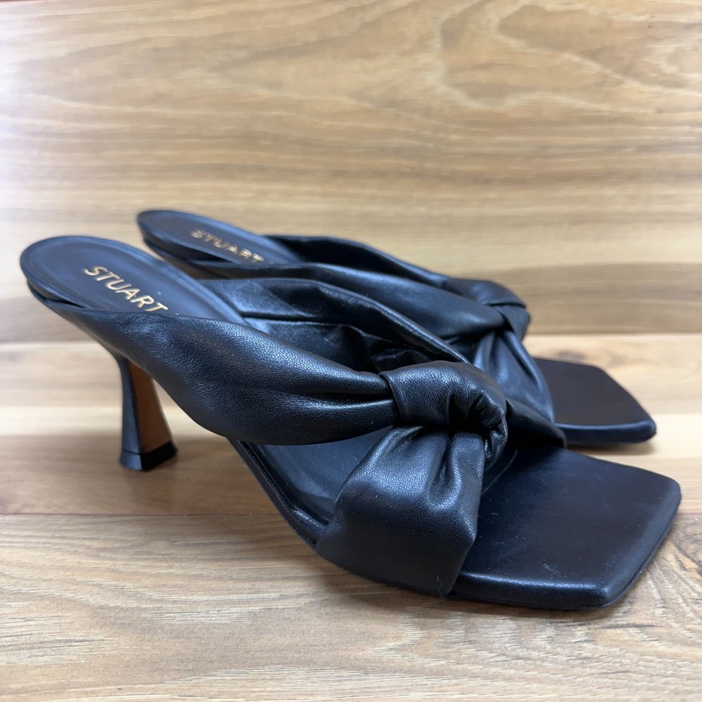 Stuart Weitzman Playa 50 Knot Sandals 9 B Black Buttery Soft Leather Kitten Heel